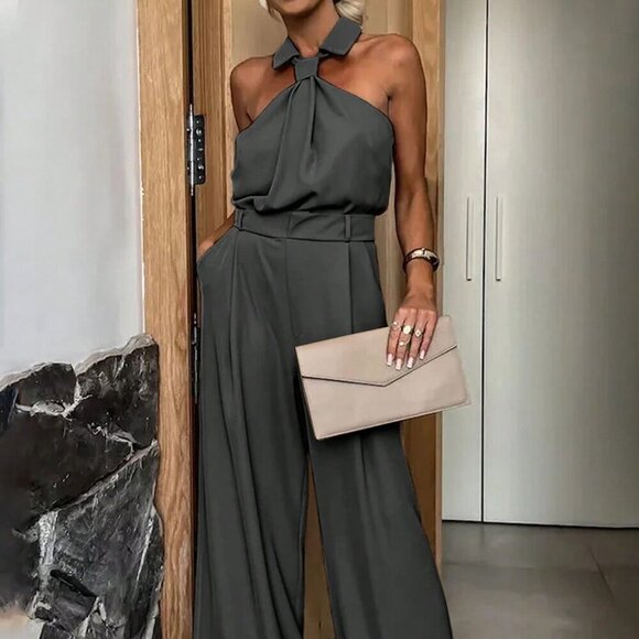 Pants - Dark Grey Women's Summer Solid Color Pocket Pleated Wide Leg Casual Jumpsuit